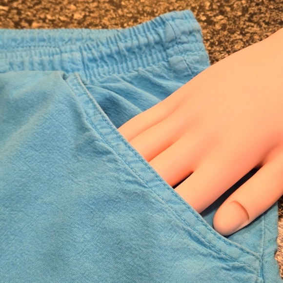 Erika Petite Bright Blue Teal Capri Pants Front Seam Drawstring Waist Women PL - Picture 10 of 13